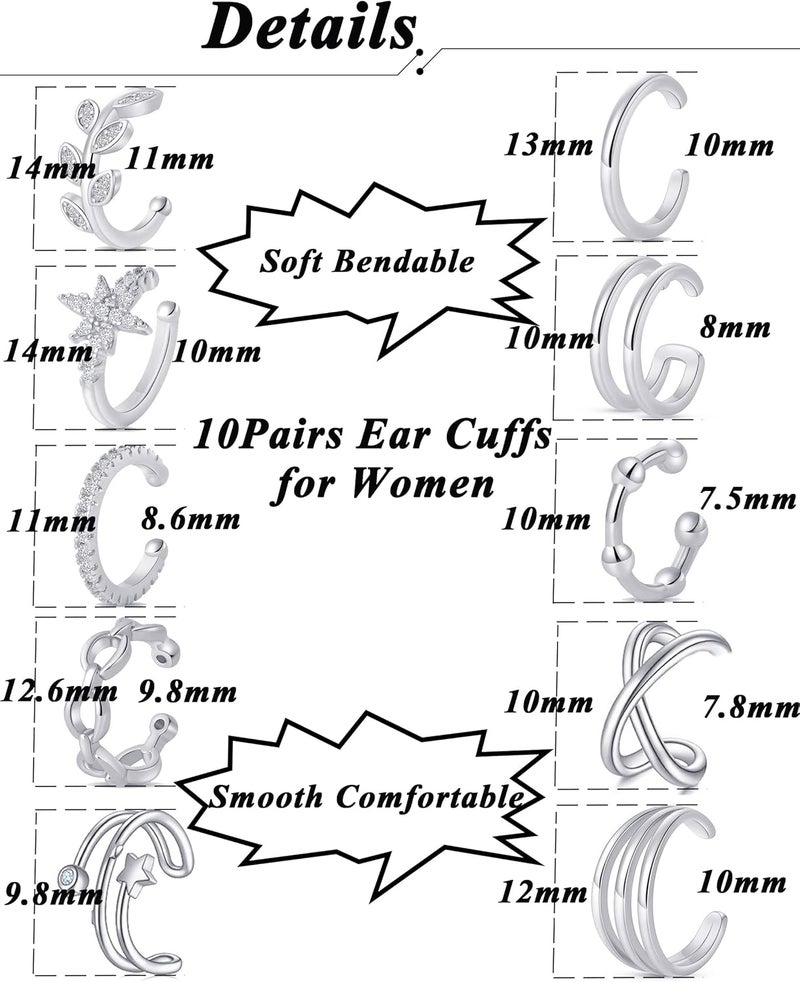 Tornito 4-10 Pairs Stainless Steel Ear Cuff Helix Cartilage Clip On Wrap Earrings Fake Nose Ring Non-Piercing Adjustable - Image 2